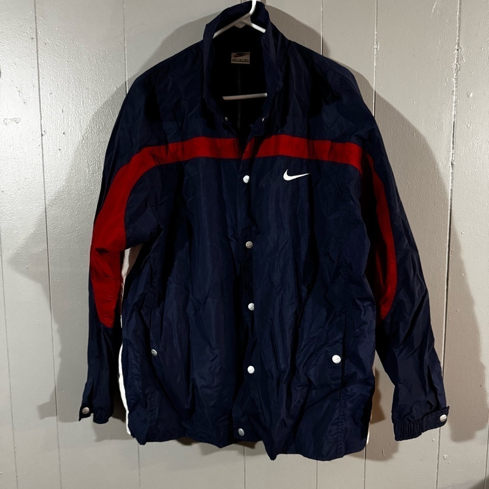 VTG Nike Jacket Mens Large Blue Red White Snap Button Windbreaker Track Full Zip